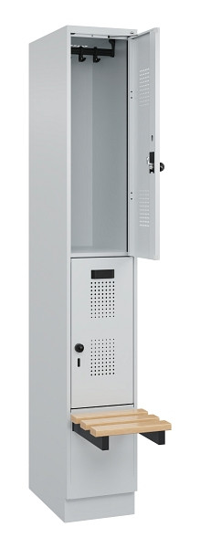 C+P Doppelstock-Spind Evolo PLUS, Bank, 2 Fächer, 1950x300x815mm, 7035/7035, Drehriegel, Sitzfläche Buche-Hartholz, mit Sockel, 049340-10 S10013