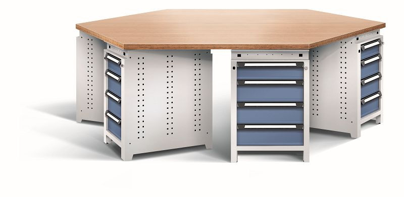 Otto Kind team-work Arbeitsplatz function, mit 6 Unterbauten Typ 107, Schubladen, Multiplexplatte 6-eckig, Gehäuse RAL 7035, Front RAL 5023, 074428064