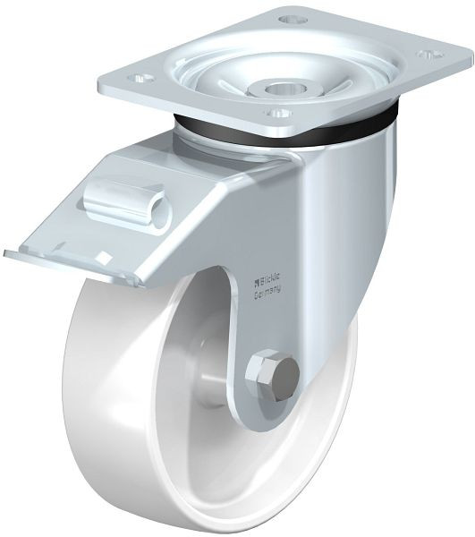 Blickle LK-PO 150G-FI Stahlblech-Lenkrolle, schwere Ausführung, mit Anschraubplatte & Feststeller, Polyamid, Weiß, 609669