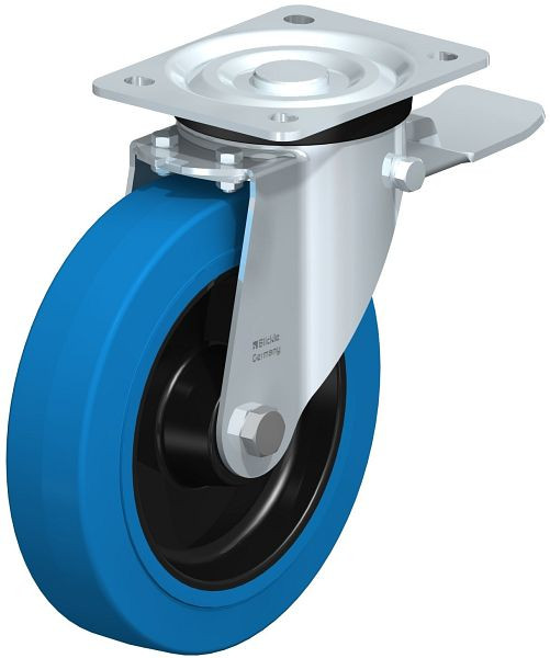Blickle L-POEV 200R-ST-SB Stahlblech-Lenkrolle, mittelschwere Ausführung, mit Anschraubplatte & Feststeller, Elastik-Vollgummi, Blau, 744145
