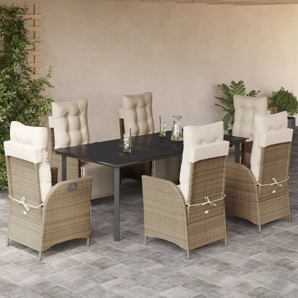 vidaXL 7-teilig Garten-Essgruppe mit Kissen Beige Poly Rattan, 3213446