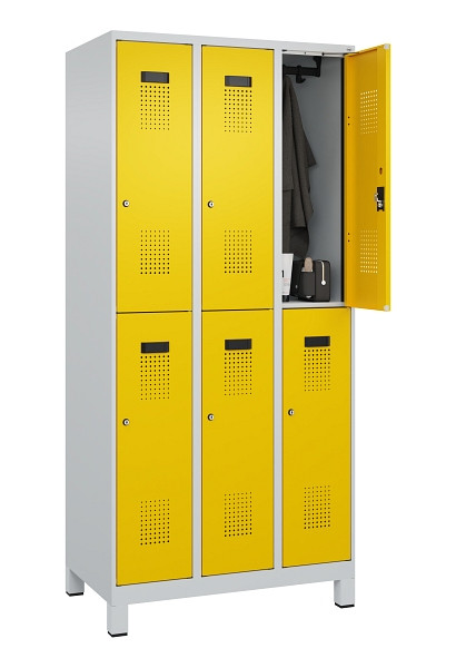 C+P Doppelstöckiger Spind Evolo PLUS, mit Füßen, 6 Fächer, 1950x900x500mm, 7035, Frontfarbe RAL 1023 Verkehrsgelb, Zylinderschloss, 049310-30 S10028