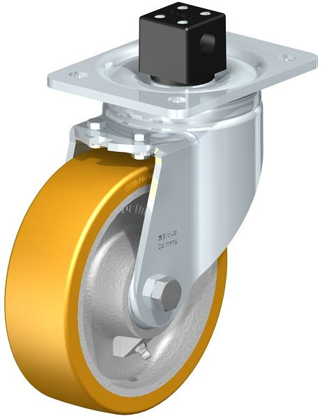 Blickle LH-GTH 160K-CS13 Stahlblech-Lenkrolle, Schwerlast-Ausführung, mit Anschraubplatte & Zentralfeststeller, Blickle Extrathane®, Hellbraun, 752174