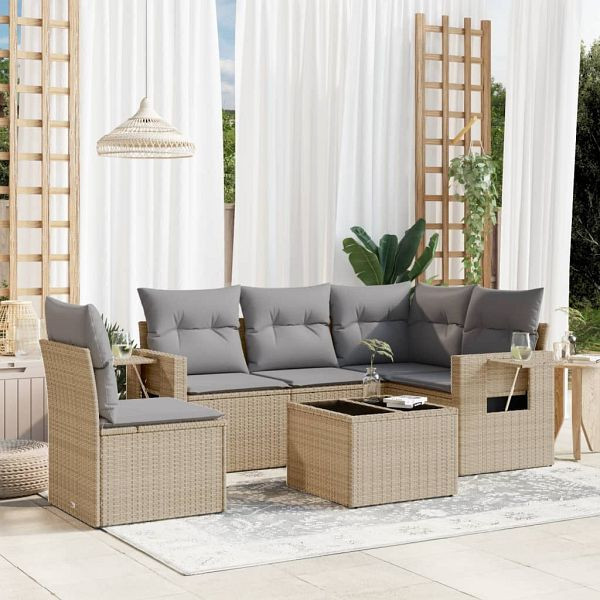 vidaXL 6-teilig Garten-Sofagarnitur mit Kissen Beige Poly Rattan, 3252516