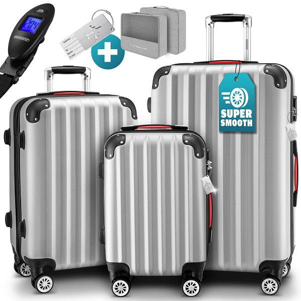 monzana Hartschalenkoffer Set 3-tlg mit Zubehör Rollen 360º Silber ABS, 109978