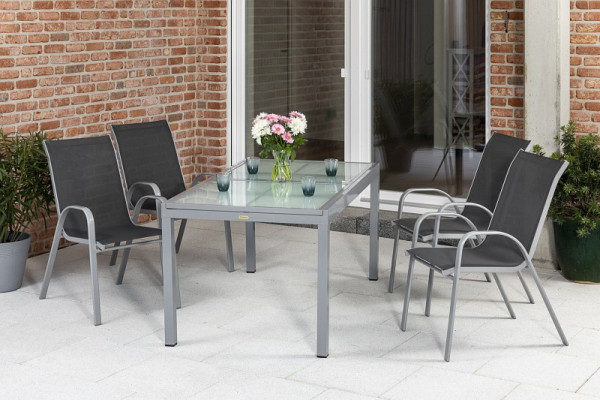 Merxx Sorrento Set 5-teilig, 4 Stapelsessel, 1 Ausziehtisch, 120 (180) x 90 cm, silber/anthrazit, Aluminiumgestell mit Textilbespannung, 50570-307
