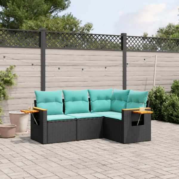 vidaXL 4-teilig Garten-Sofagarnitur mit Kissen Schwarz Poly Rattan, 3226771