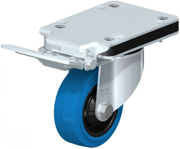 Blickle LK-POEV 100K-3-IS-SB Stahlblech-Lenkrolle, mittelschwere Ausführung, mit Anschraubplatte & Feststeller, Elastik-Vollgummi, Blau, 851049
