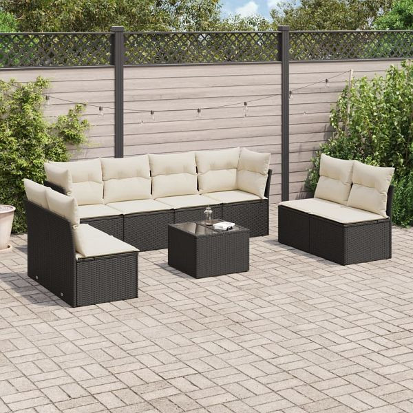 vidaXL 9-teilig Garten-Sofagarnitur mit Kissen Schwarz Poly Rattan, 3217456