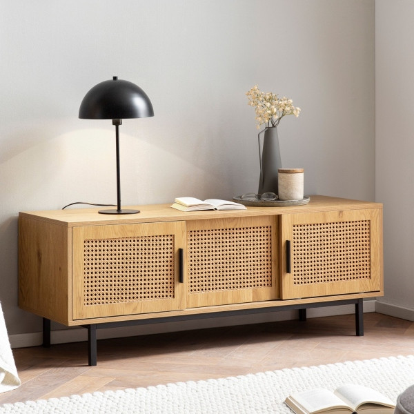 Wohnling Lowboard Eiche-Dekor mit Wiener Geflecht 120x45,5x40 cm TV-Kommode mit Schiebe-Türen, Fernsehkommode Wohnzimmer Rattan, WL6.832