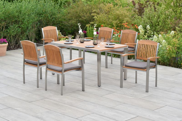 Merxx Keros Set 13-teilig, 6 Stapelsessel, 6 Auflagen, braun, 1 Tisch, 150 x 90 cm, Edelstahl mit FSC Akazienholz, 50852-602