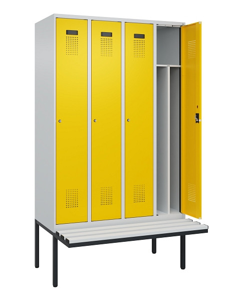 C+P Spind Evolo PLUS, 4 Abteile, 2120x1200x815mm, 7035/1023, Haken 4, Zylinderschloss, Material Sitzfläche Kunststoff, 0490407-40F S10082