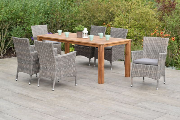 Merxx Teneriffa Set 13-teilig, 6 Sessel inkl. Sitzkissen, 1 Tisch 185 x 90 cm, Akazienholz, grau-beige, 50901-257