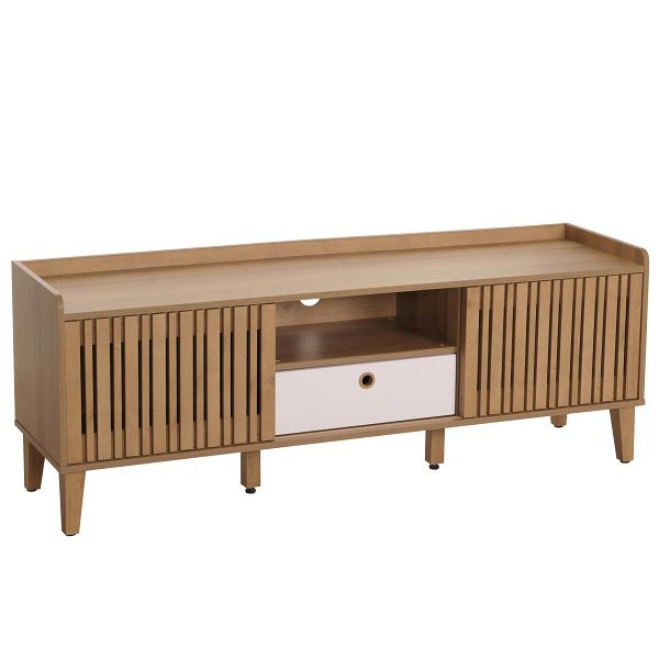 Mendler TV-Rack HWC-M48, Lowboard TV-Schrank, Schiebetür 56x150x40cm, natur, Schublade weiß, 105420+105421