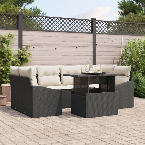 vidaXL Garten-Sofa-Set 7 Teile Schwarzes Sofa mit cremefarbenen Kissen, 3357670