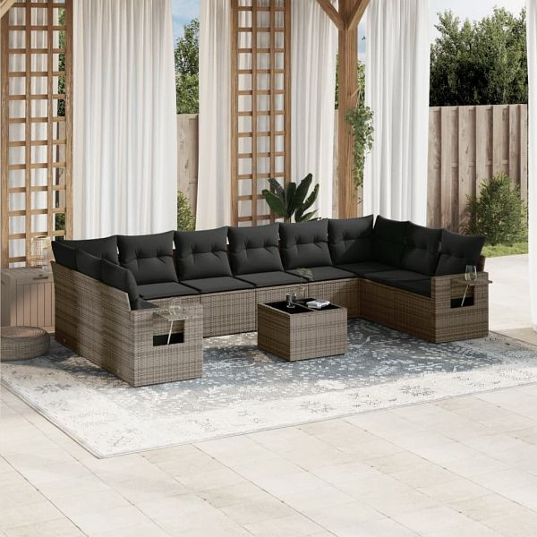 vidaXL 11-teilig Garten-Sofagarnitur mit Kissen Grau Poly Rattan, 3220679