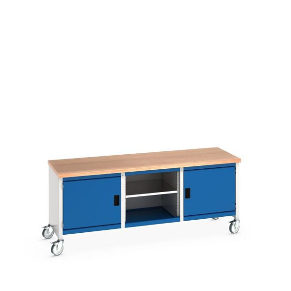 bott cubio Kastenwerkbank mobil, 2 Türen, 3 Ablagen, Multiplex-Arbeitsplatte, BxTxH: 2000x750x840mm, RAL 7035/5010, Enzianblau, 41002118.11V