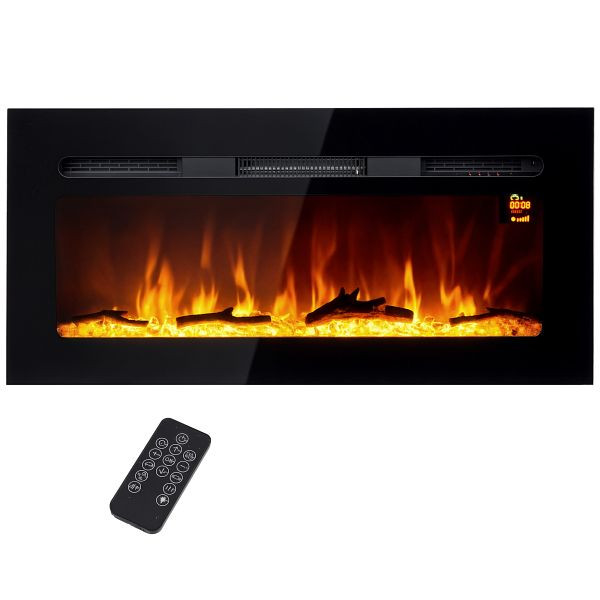 HOMCOM Elektrischer Kamin mit Wandhalterung und Fernbedienung, künstliche Holzscheite und Kristalle, 1800W Leistung, Schwarz, 820-422V90BK