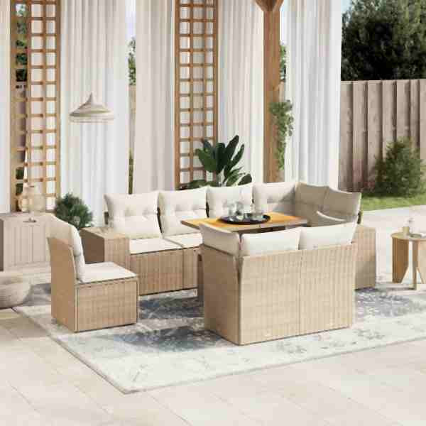 vidaXL 9-tlg. Garten-Sofagarnitur mit Kissen Beige Poly Rattan, UV-beständig, 3272731