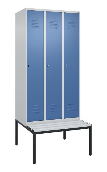 C+P Umkleidespind Classic PLUS, mit untergebauter Sitzbank, 3 Abteile, 2120x900x815mm, 7035/5023, Zylinderschlösser, 0800507-30 S10019
