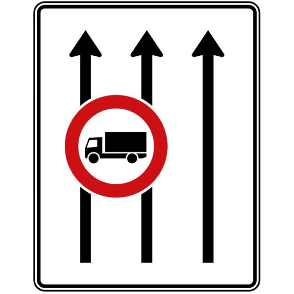 Stein HGS Fahrstreifentafel ohne Gegenverkehr, RA1/Flachform 2mm, ohne Entfernungsangabe, 1600x1250mm, 3 Streifen in Fahrtrichtung, 2 Streifen mit Verbot für Kraftfahrzeuge über 3,5 t, 524-31-111