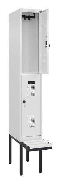 C+P Doppelstock-Spind Evolo PLUS, Bank, 2 Fächer, 2120x300x815mm, 9016/9016, Drehriegel, Sitzfläche Kunststoff, 0493407-10 S10101