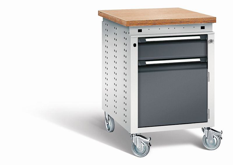 Otto Kind Werkbank Serie function Typ 151 fahrbar, Multiplexplatte, bündig, Unterbau, mit Zentralverschluss, Gehäuse RAL 7035, Front RAL 7016, 072378149