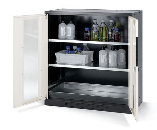 asecos Chemikalienschrank Systema CS-102G, Korpus anthrazit, weiss, 2 Einlegeböden und Bodenwanne, 202675