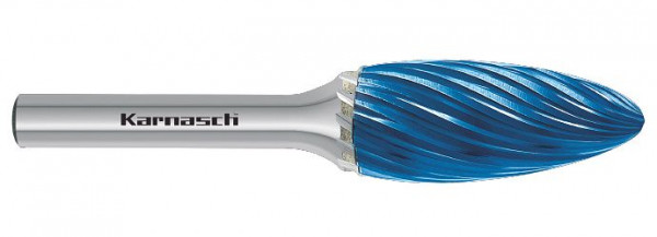 Karnasch Hartmetall-Frässtift Blue-Tec beschichtet Flamme/HP-9 d1= 10 / l2= 20 / d2= 6 / l1= 65mm, 116038020