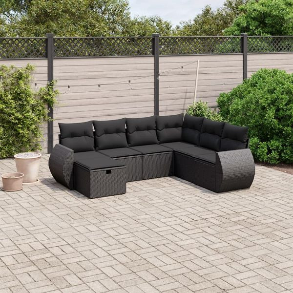 vidaXL 7-tlg. Garten-Sofagarnitur mit Kissen Schwarz Poly Rattan, 3264141
