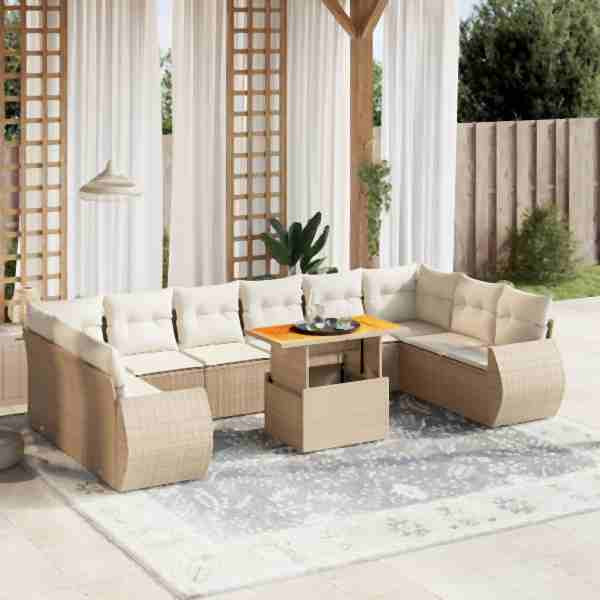 vidaXL 11-tlg. Garten-Sofagarnitur mit Kissen Beige Poly Rattan, UV-beständig, 3272367