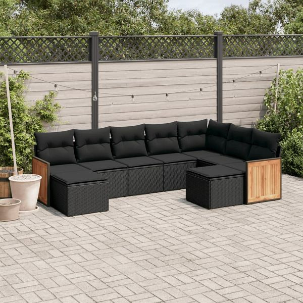 vidaXL 9-tlg. Garten-Sofagarnitur mit Kissen Schwarz Poly Rattan, 3228218
