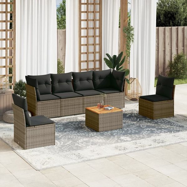 vidaXL 7-teilig Garten-Sofagarnitur mit Kissen Grau Poly Rattan, 3223554