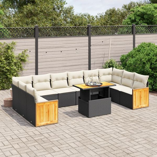 vidaXL 11-tlg. Garten-Sofagarnitur mit Kissen Schwarz Poly Rattan, 3274129