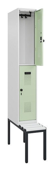 C+P Doppelstock-Spind Evolo PLUS, Bank, 2 Fächer, 2120x300x815mm, 9016/6019, Drehriegel, Sitzfläche Kunststoff, Sitzbank, 0493507-10 S10100