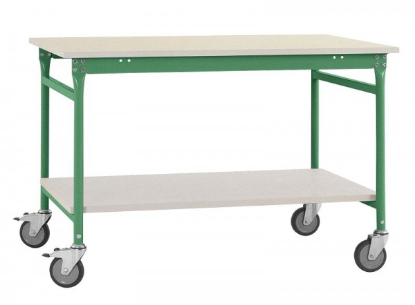Manuflex Komplett-Beistelltisch BASIS mobil mit Kunststoff-Platte + Zwischenboden, BxTxH: 1250 x 600 x 850 mm, Resedagrün, BB5327.6011