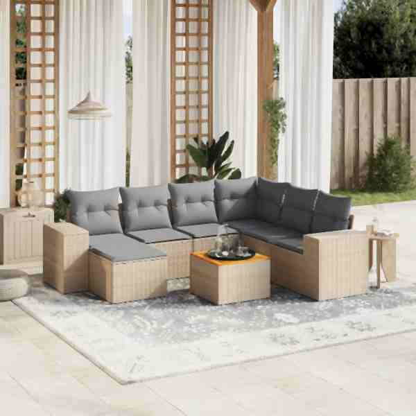 vidaXL 8-tlg. Garten-Sofagarnitur mit Kissen Beige Poly Rattan, UV-beständig, 3225562