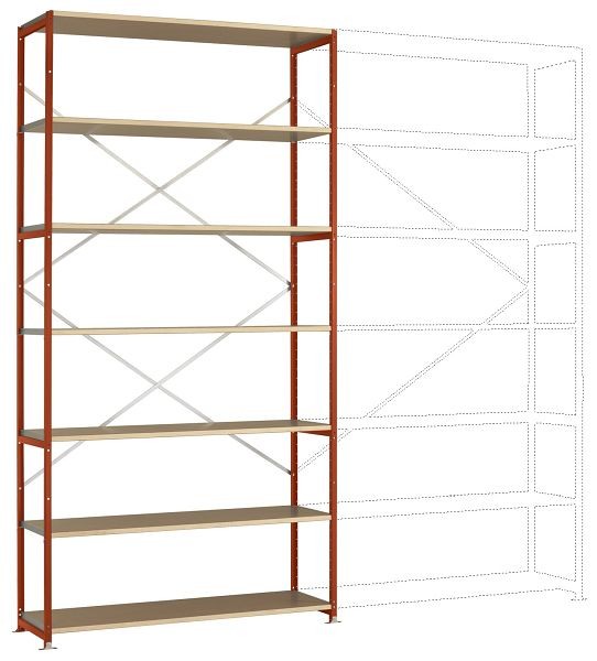 Manuflex Großfach-Steckregal Grundregal mit 7 Holzverbundböden, HxBxT = 3000 x 1530 x 400 mm, rotorange, RP1641.2001