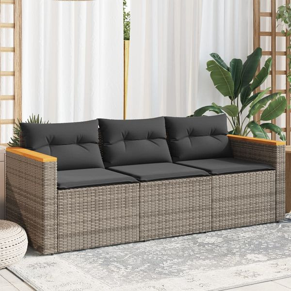 vidaXL Gartensofa mit Kissen 3-Sitzer Grau Poly Rattan, 365830