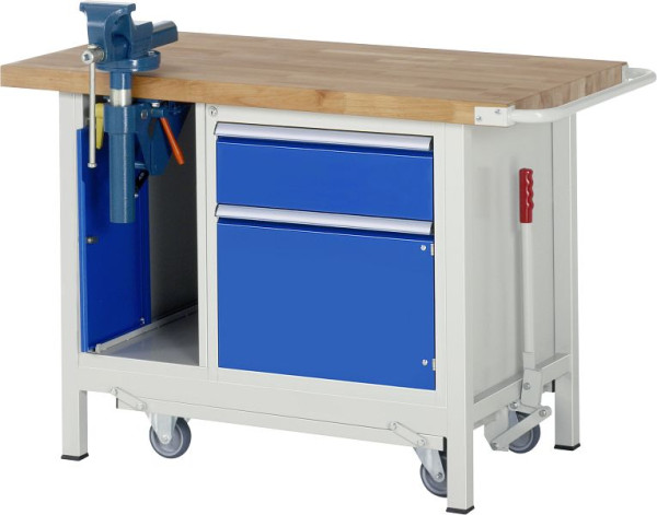 RAU Absenkbare Werkbank 8000 - Modell 8181, B1250 x T700 x H880 mm, mit Schraubstockschrank, 15-8181A2-127B4F.11