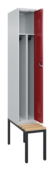 C+P Spind Evolo PLUS, 1 Abteile, 2120x300x815mm, 7035/3003, Haken 4, Zylinderschloss, Sitzfläche Buche-Hartholz, Sitzbank, 0490507-10F S10032