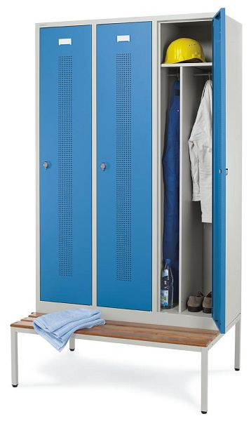 Deskin Garderobenspind SYSTEM SP1 mit Sitzbank, Korpus Lichtgrau, Türen Lichtblau, H 2050 x B 1185 x T 800 mm, Drehriegelverschluss, 330802