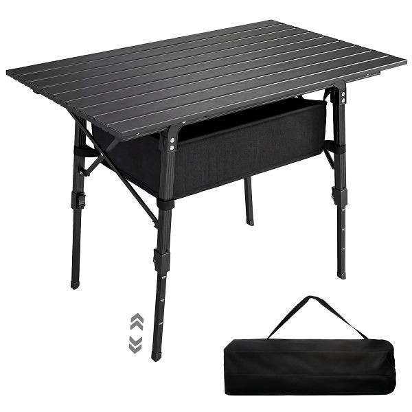 Outsunny Campingtisch mit Aufbewahrungskorb, höhenverstellbar, faltbar, Aluminium, Schwarz, A20-472V00BK