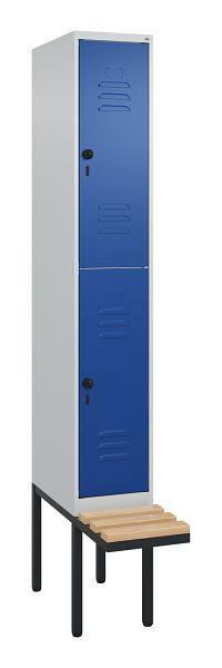 C+P Doppelstöckiger Spind Classic PLUS, 2120x300x815mm, 7035/5010, Drehriegel, Sitzleisten aus Buche, schwebende Sitzfläche, 0803407-10 S10003