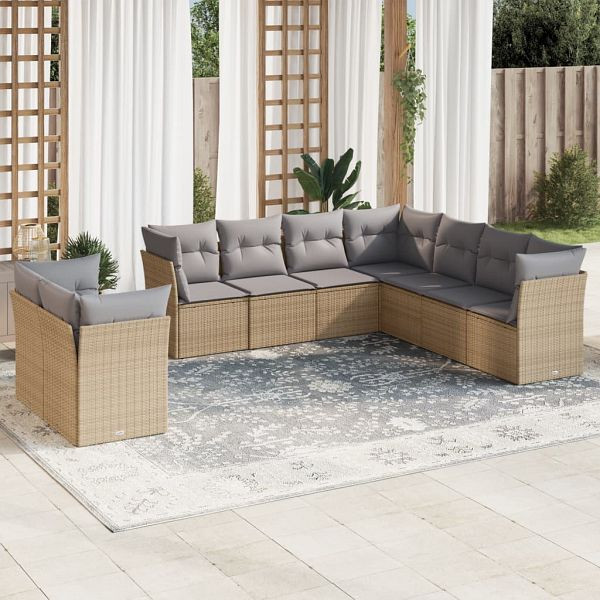 vidaXL 9-teilig Garten-Sofagarnitur mit Kissen Beige Poly Rattan, 3249678
