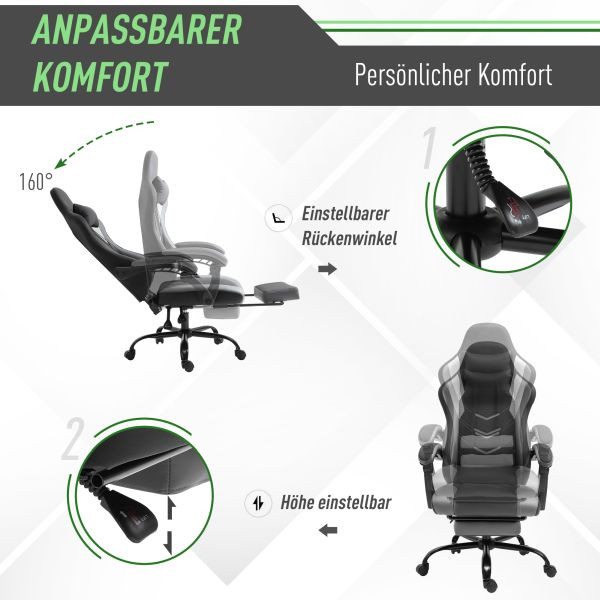 Vinsetto Ergonomischer Gaming Stuhl mit Fußstützen Schwarz 62x52x128 cm, 921-279