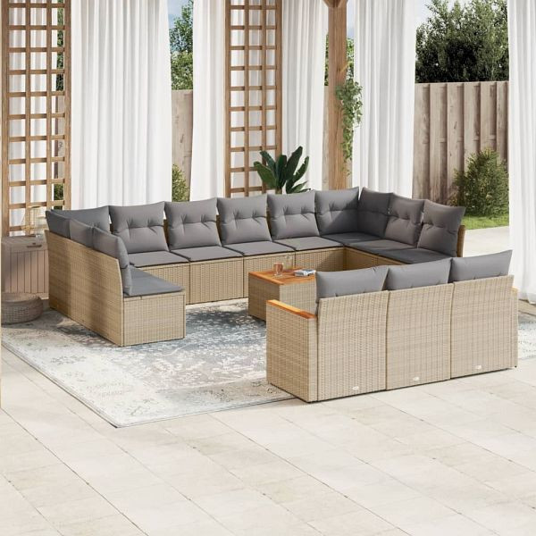 vidaXL 14-teilig Garten-Sofagarnitur mit Kissen Beige Poly Rattan, 3226465
