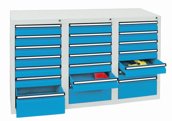 stumpf Schubladenschrank, Breite 150 cm, 100 % Teleskopauszüge, 40 kg / Schublade, 21 Schubladen, lichtgrau / lichtblau, 7103278