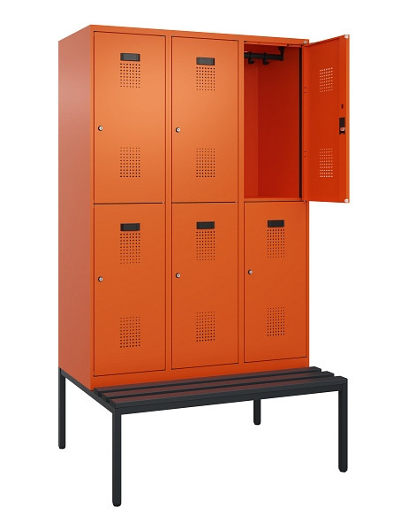 C+P Doppelstock-Spind Evolo PLUS, Bank, 6 Fächer, 2120x1200x815mm, 2004/2004, Zylinderschloss, Sitzfläche Kunststoff, Sitzbank, 0493507-32 S10137