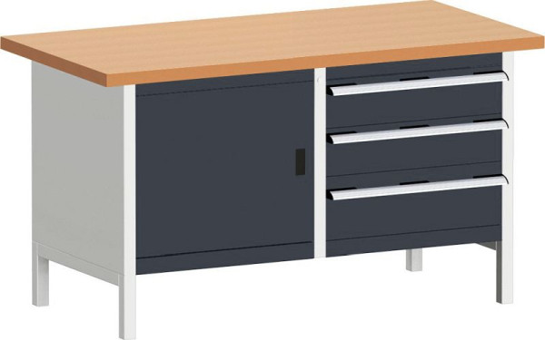 bott cubio Kastenwerkbank mit 3 Schubladen Tür, Ablage, Rotbuche-Arbeitsplatte BxTxH: 1500 x 750 x 840 mm, RAL 7035/7016, 41002026.19V